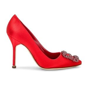 Manolo Blahnik Red Satin Hangisi Crystal 105 Pumps